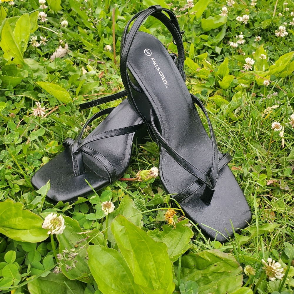 Falls Creek Black Strappy Wedge Sandals